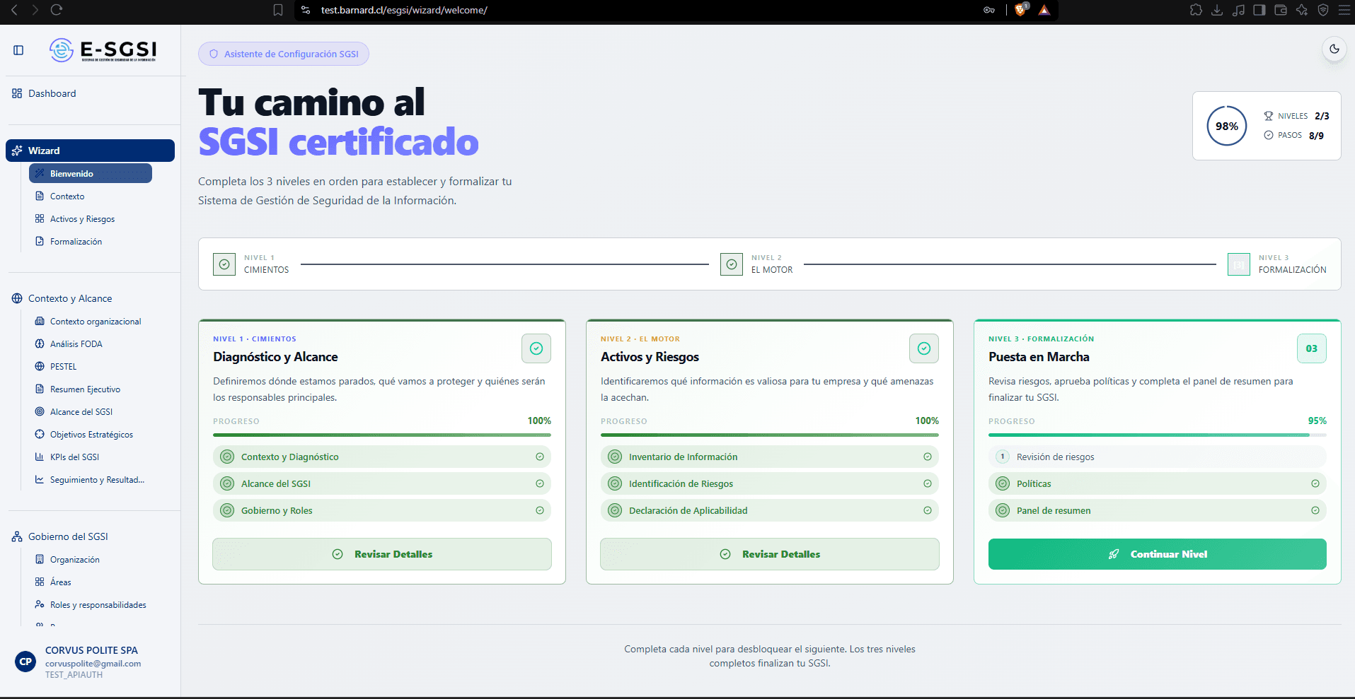 Pantalla de bienvenida del Asistente de Configuración SGSI: tres niveles y progreso general